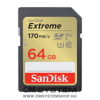 Sandisk SDXC 64 GB Extreme (170MB/s olv. / 80MB ír.i seb.) UHS-I, Class 10, U3, V30 (121579)