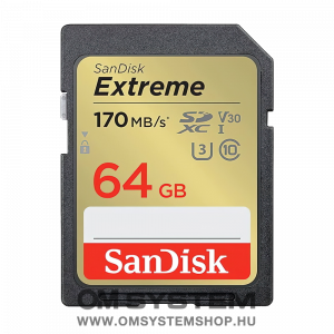 Sandisk SDXC 64 GB Extreme (170MB/s olv. / 80MB ír.i seb.) UHS-I, Class 10, U3, V30 (121579)